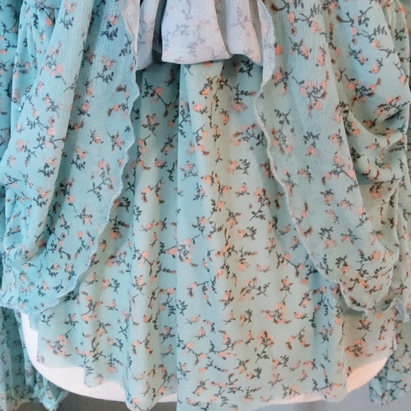 Willow & Root NWT LS Woman's Ruffle Semi-Sheer Blue Floral Top Small Resin Ring - Picture 7 of 12